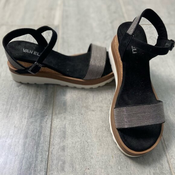 Vaneli Cedra Black Suede Cork Wedge Heel Sandals Size 9.5M - Picture 1 of 11